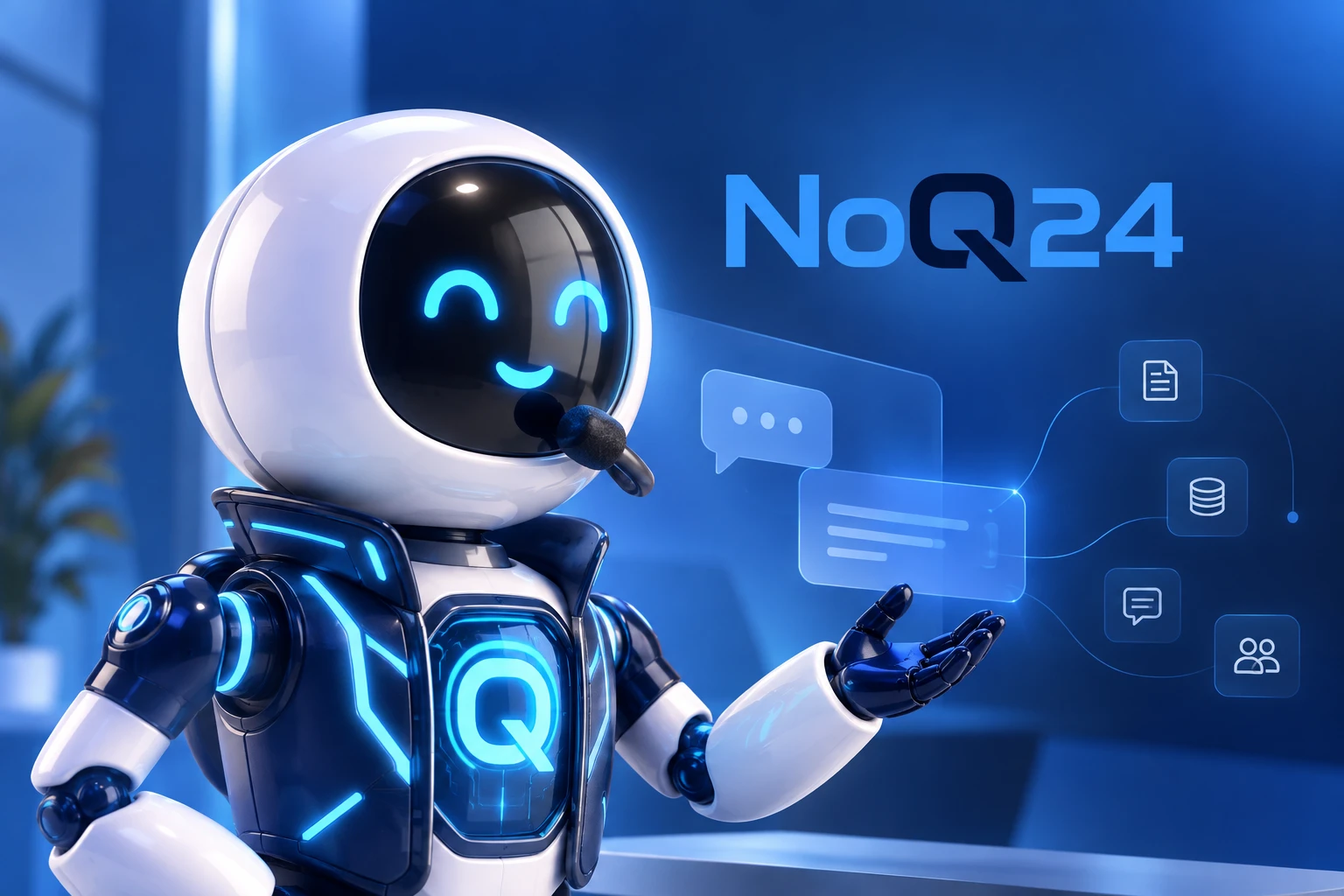 The NoQ24 assistant robot beside the NoQ24 wordmark and connected document, database, chat and people icons